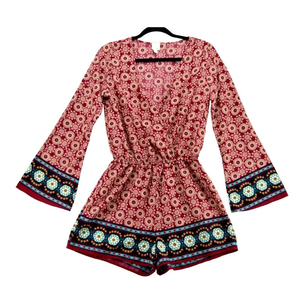 Coverstitched Romper Small Burgundy & Teal Medallion Surplice Size‎ S